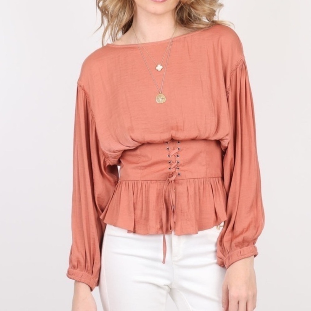 Free People Corset Blouse Top Smocked Balloon Sleeve Bohemian Texas Orange Small - Picture 1 of 11